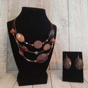 Brown / Tan Layered Necklace with Earrings